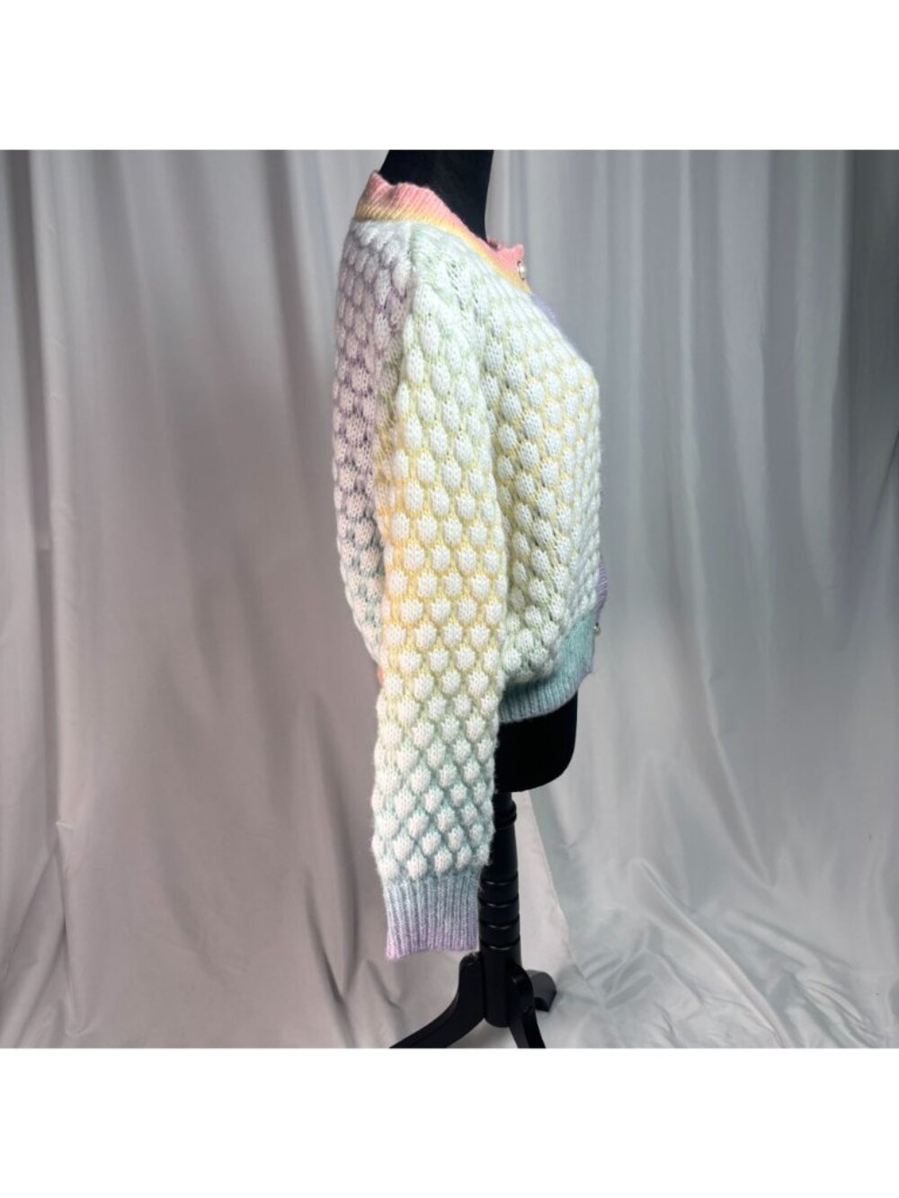 Pastel Rainbow Bubble Knit Cardigan Sweater, Pearl Buttons Colorblock size Large - Picture 4 of 12